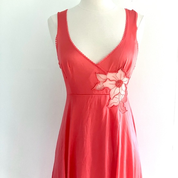 Vintage 70’s coral red orange lace flower slip gown dress & robe jacket set - Picture 4 of 16